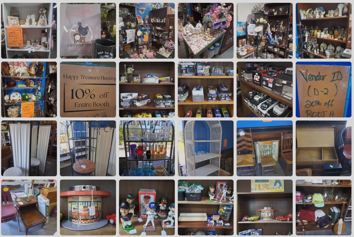 Collage of Thrill of the Hunt Facebook photos showing vendor booths, furniture, collectibles, model cars, chairs, and decor.