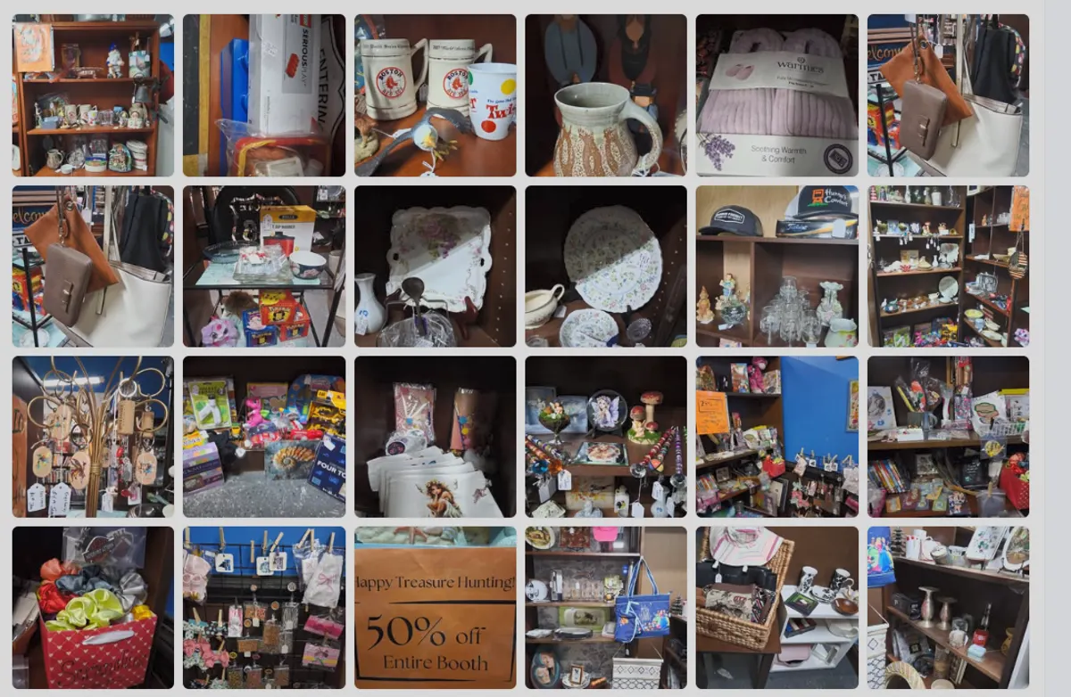 Collage of Thrill of the Hunt Facebook photos showing mugs, bags, toys, glassware, sale signs, and shelf displays.