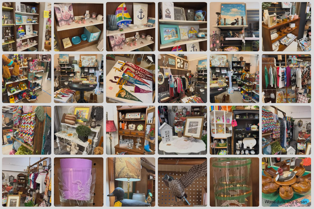 Collage of Trendy Treasures Facebook photos showing booth displays, clothing, gifts, and home decor