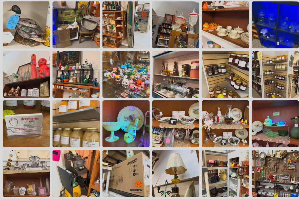 Collage of Trendy Treasures Facebook photos showing vintage decor, glassware, jars, lamps, and shelves